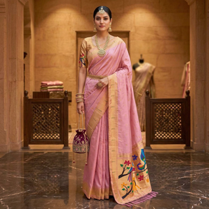 Sari en soie Pethani rose avec broderies de paon et de fleurs en zari, tenue traditionnelle de mariage pour femmes, style indien - Product Image 1