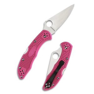 Couteaux pliants à manche texturé rose avec lame en acier inoxydable argenté à bord lisse, trou d'ouverture circulaire pour le pouce et pochette noire - Product Image 1