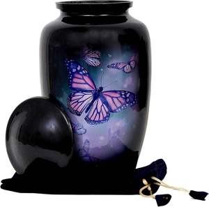 Urne funéraire élégante en métal, motif papillon monarque violet, pour cendres humaines - Urne commémorative artisanale avec images de papillons vibrantes - Product Image 1