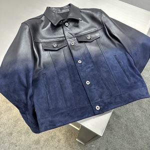 Men's Casual Short Leather Jacket <b>Stand</b> Zipper Closure Waterproof Eco-Friendly Dark Blue Black Gradient Design High Street Style - Product Image 5