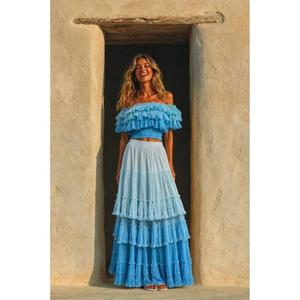 Ocean Blue Set <b>Skirt</b> Shoulder Ruffle Bohemian Dress Natural Waist Party Floor Length Sleeveless Summer Women's Solid Color - Product Image 4
