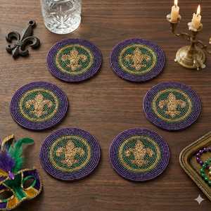Ensemble de 6/8/10/12 sous-verres faits à la main en perles violettes, vertes et dorées Fleur de Lis, sous-verres pour boissons Mardi Gras, sous-verres de luxe de la Nouvelle-Orléans - Product Image 2