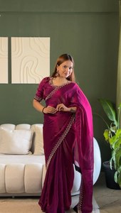 Wholesale Luxury <b>Wine</b> Purple Organza Saree Fine Embroidery Border Indian Pakistani Wedding Party Wear Sari Elegant Silk Blouse - Product Image 4