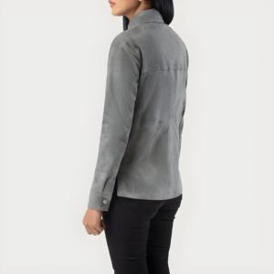 Chaqueta de Mujer de Cuero Genuino Gris de Alta Calidad, Estilo Biker, Venta al Por Mayor, Logotipo Personalizado OEM, Cierre de Botones, Abrigo Moderno 2026 - Product Image 5