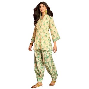 Women's Three Quarter Sleeve Knee Length Woven Floral <b>Linen</b> Kurti with Farshi Salwar <b>Two</b> <b>Piece</b> Set - Product Image 1