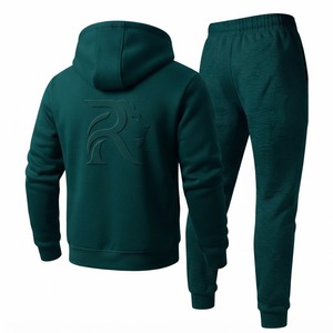 Conjunto Deportivo de Dos Piezas para Hombre, Color Verde Oscuro, con Capucha, 100% Algodón, Cierre Completo, Color Sólido, Casual, con Logotipo en Relieve, Bolsillos Laterales Estampados - Product Image 3