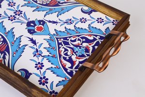 Handmade Moroccan Style Wooden Serving Tray With Enamels Tile Decoration Blue And White Floral Pattern Decorative Platter Sale - Product Image 5
