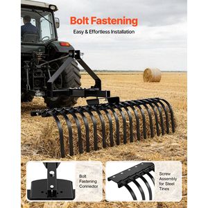 Rastrello per Roccia da 50 Pollici con 17 Denti in Acciaio, Attacco a 3 Punti, Testa Regolabile, Categoria 1, Compatibile con Trattori - Product Image 5