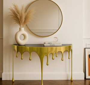 Mesa de Centro Moderna de Latón Melting Moments con Tapa de Vidrio Templado y Diseño de Goteo para Muebles de Sala de Estar - Product Image 4