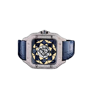 Reloj de Pulsera con Caja Cuadrada, Correa de Cuero Azul, Acero Inoxidable, Cristal de Zafiro, Esfera Analógica con Números Romanos - Product Image 4