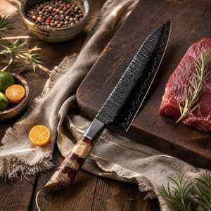 Cuchillo de Chef Artesanal de Cobre Damasco con Mango de Madera de Palisandro, Cuchillo Profesional de Cocina para Cortar Carne y Verduras - Product Image 5