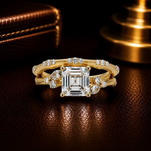 Vintage 14K Yellow <b>Gold</b> Lab Grown Asscher Cut Engagement <b>Ring</b> <b>Set</b> Nature Inspired Marquise Cluster Wedding <b>Rings</b> Bridal <b>Set</b> - Product Image 1