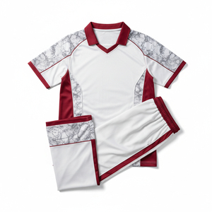 Ensemble d'uniformes de cricket personnalisés, imprimé marbré blanc et rouge, respirant, séchage rapide, polo, pantalon de survêtement, kit d'équipe - Product Image 1