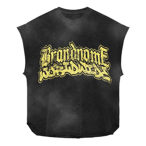 Camiseta personalizada de algodón 100% grueso para hombre, corte holgado, estampada, sin mangas, estilo vintage, con estampado de diamantes de imitación. - Product Image 2