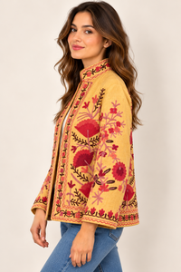 Veste en coton tricoté artisanale brodée de fleurs de lavande, col montant, poche latérale, faite à la main, style bohème, bomber - Product Image 2