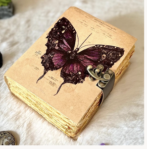 Vintage Leather Hardcover Journal With Purple Butterfly Design Antique Deckle Edge Sewn Binding Gift Book - Product Image 2