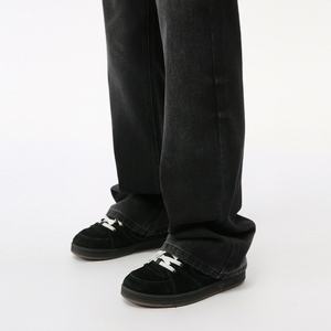 Pantalon en jean ample coupe bootcut taille mi-haute pour homme, style rétro américain, noir et gris délavé, longueur ras du sol, effet drapé, collection automne - Product Image 3