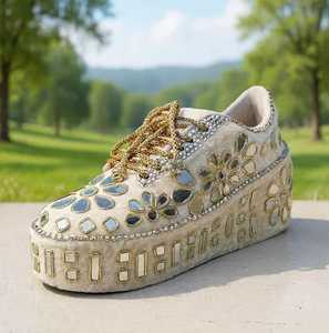 Baskets montantes en cuir à paillettes pour femme, semelle en caoutchouc, style décontracté, plateforme extérieure, chaussures de luxe ornées de strass - Product Image 2