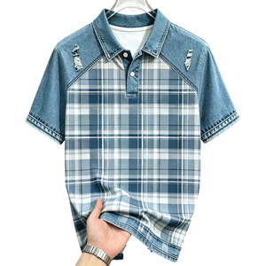 Chemise en denim contrastant à carreaux en polyester/coton pour homme, bleu et blanc, manches courtes, coupe classique, décontractée, respirante, tricotée, pour le golf, été - Product Image 1