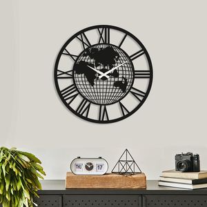 Reloj de pared con diseño de globo de metal con números romanos, mapa del mundo para decoración de hogar u oficina - Product Image 1