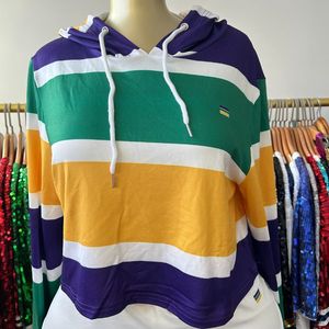 Ensemble haut court à capuche rayé et jupe plissée pour femme, tenue décontractée sportive printemps-été, manches longues, design color block - Product Image 6