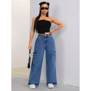 Jeans <span class=keywords><strong>Cargo</strong></span> da <span class=keywords><strong>Donna</strong></span> Multitasche <span class=keywords><strong>Blu</strong></span> Pietra 100% Cotone Lavaggio Chiaro Non Tessuto Ecologico Traspirante Carino Vita Alta Vintage Lunghezza Intera - Product Image 2
