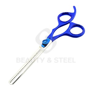 Ciseaux professionnels à effiler les cheveux en acier inoxydable avec manche bleu vif et lame texturante à 30 dents - Product Image 2