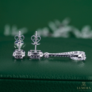 Elegant Emerald And Pear Cut Lab Grown Diamond Split Branch <b>Drop</b> Halo Micro Pave Earring Solid Gold Push <b>Back</b> Dangle Masterpiece - Product Image 6