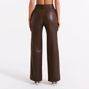 Pantalon droit en similicuir pour femme, taille haute, coupe skinny, devant plat, extensible, en PU souple, collection Printemps, OEM ODM, vente en gros - Product Image 3