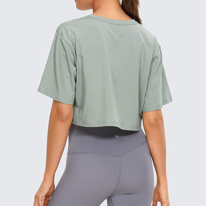 Women 100 Cotton Cropped T Shirts Custom Logo Summer Workout Yoga Short Sleeve Solid Casual Athletic Tee - Product Image 2