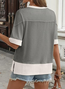 เสื้อยืดผู้หญิงทรงลำลองสีเทา ผ้าฝ้ายกันยับ ปักลาย มีกระเป๋า คอกลม แขนสั้น ใส่ได้ทุกฤดู - Product Image 3
