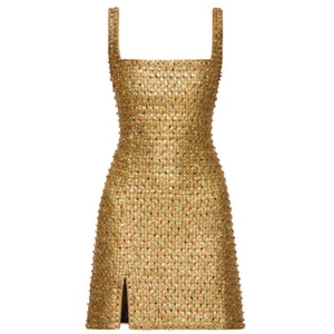 Mini-robe brodée de perles dorées sans manches pour femme, tenue de soirée, robe courte fendue, vêtement de cocktail - Product Image 1