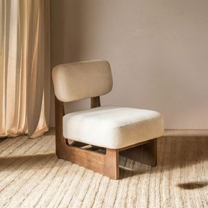 Fauteuil d'appoint moderne en bouclette beige avec pieds en bois et coussin haute densité pour salon, chambre et bureau - Product Image 1