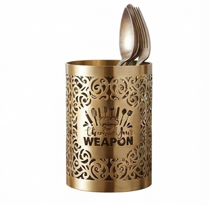 Porte-couverts vintage en métal doré, organisateur de couverts perforé cylindrique pour la cuisine - Product Image 2