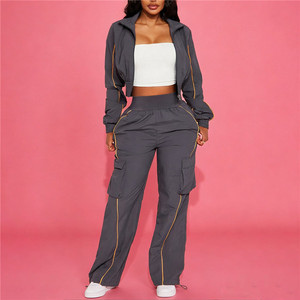 Spring New Fashion Two Piece Outfits Woman Long Sleeves Stripe Patchwork Pocket Crop Top and <b>Pants</b> - Product Image 2