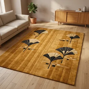 Tapis rectangulaire moderne abstrait en peluche tuftée avec dos antidérapant en caoutchouc pour salon, motif or et noir - Product Image 5