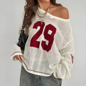 Suéter de punto de malla oversize para mujer con estampado de números, manga larga, hombros descubiertos, top corto, estilo urbano Y2K, moda casual, jersey. - Product Image 1