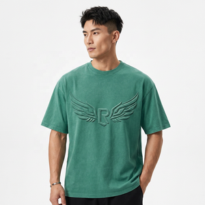 Camiseta Verde Oversize de Manga Corta con Logotipo R Alado en Relieve, Top Casual de Punto con Cuello Redondo para Hombre - Product Image 4
