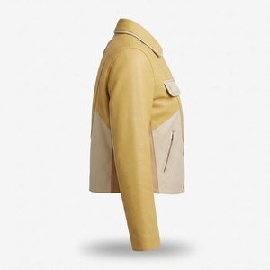 Mustard Yellow Cream Two Tone <b>Womens</b> Genuine Leather Trucker <b>Jacket</b> Curved Colorblock Panel Snap Front Retro Streetwear Coat - Product Image 3