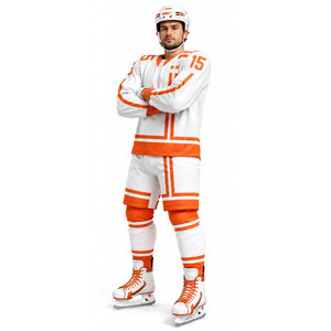 Ensemble de maillot de hockey sur glace blanc et orange, manches longues, impression sublimée, évacuation de l'humidité, coupe athlétique pour homme adulte, uniforme de hockey sur glace - Product Image 2