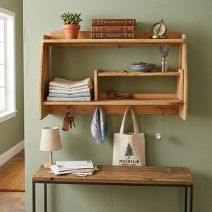 Étagère murale en bois asymétrique à niveaux, présentoir avec crochets de suspension inférieurs, organisateur flottant pour entrée et cuisine - Product Image 2