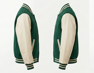 Veste universitaire verte pour homme, manches crème, boutonnée, décontractée, coupe classique, col rabattu, couleur unie, pour l'automne - Product Image 5