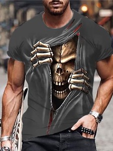 T-shirt à manches courtes col rond unisexe pour homme, tricoté, style décontracté chic, imprimé graphique tête de mort Halloween, sans avis pour le moment - Product Image 2