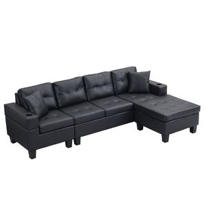 Divano Sezionale Moderno a 4 Posti per Soggiorno a L con Chaise Longue Sinistra e Destra e Portabicchieri NERO - Product Image 6