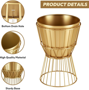 Juego de 2 Macetas de Metal Doradas con Soportes de 12 Pulgadas, Macetas Modernas para Interiores con Orificios de Drenaje, Soportes Decorativos para Plantas - Product Image 3