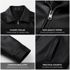 Blouson aviateur en cuir véritable noir pour homme MANWA, col rabattu, fermeture éclair, imperméable, couleur unie, longueur normale - Product Image 6