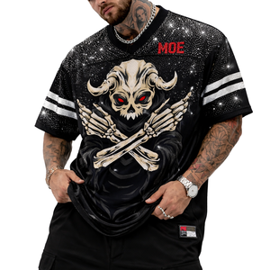 Camiseta Deportiva de Fútbol Americano para Hombre con Gráfico de Calavera con Cuernos y Pedrería, Estilo Oversize, Estampado por Sublimación - Product Image 2