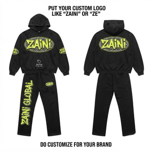 Ensemble de survêtement pour homme ZAINI Premium en molleton de coton 380 GSM, respirant, noir, effet usé, avec sweat à capuche et pantalon, style streetwear urbain - Product Image 1