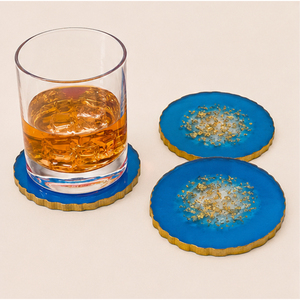 Ensemble de sous-verres de luxe personnalisés en résine époxy agate géode, avec paillettes dorées, bleus, résistants à la chaleur, pour table et tasses, vente en gros - Product Image 2