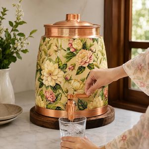 Pure Copper <b>Water</b> Dispenser 8 Litre <b>with</b> <b>Tap</b> and Dome Lid Floral Printed Handcrafted <b>Water</b> Storage <b>Container</b> for Home Dining - Product Image 3